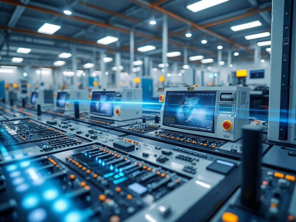 Fábrica moderna con líneas de producción automatizadas y pantallas de control digital.