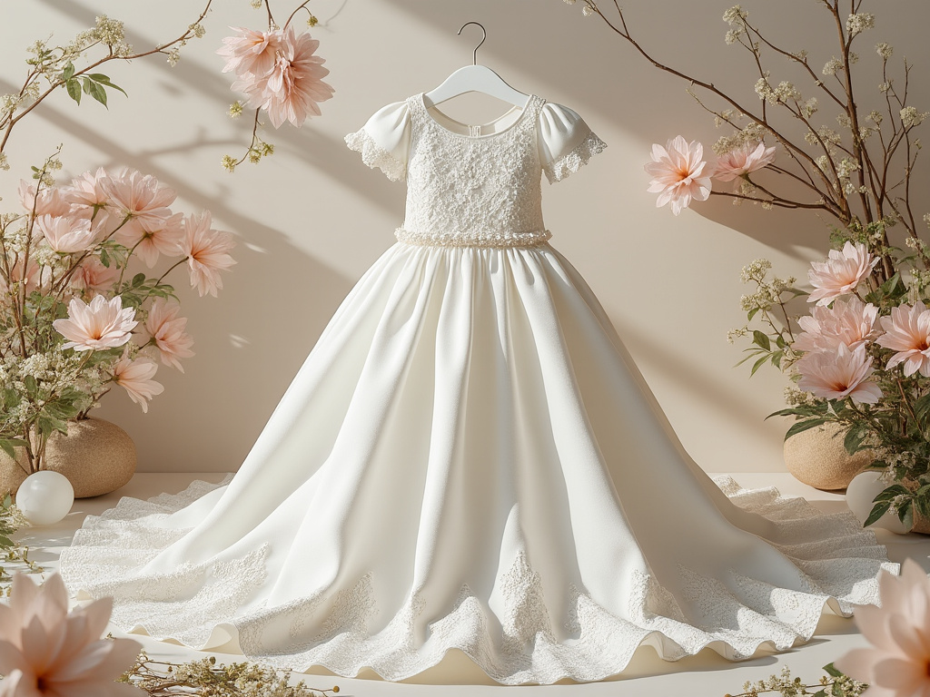 Vestido de niña para ceremonia colgado en una percha, rodeado de flores rosadas y ramas en un entorno elegante.