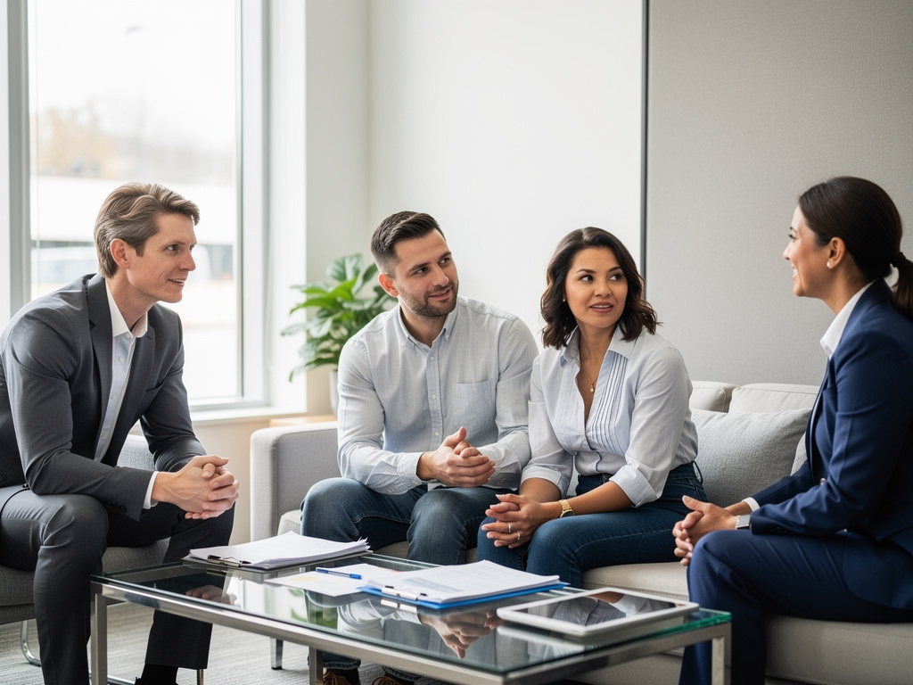 Professional real estate agent consulting couple in modern office meeting Professional real estate agent consulting couple in modern office meeting