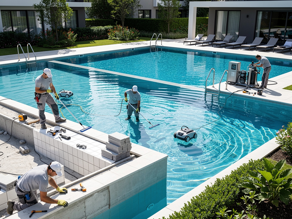 Técnicos realizando mantenimiento y limpieza de piscina comunitaria moderna con robots limpiafondos y equipos de filtración