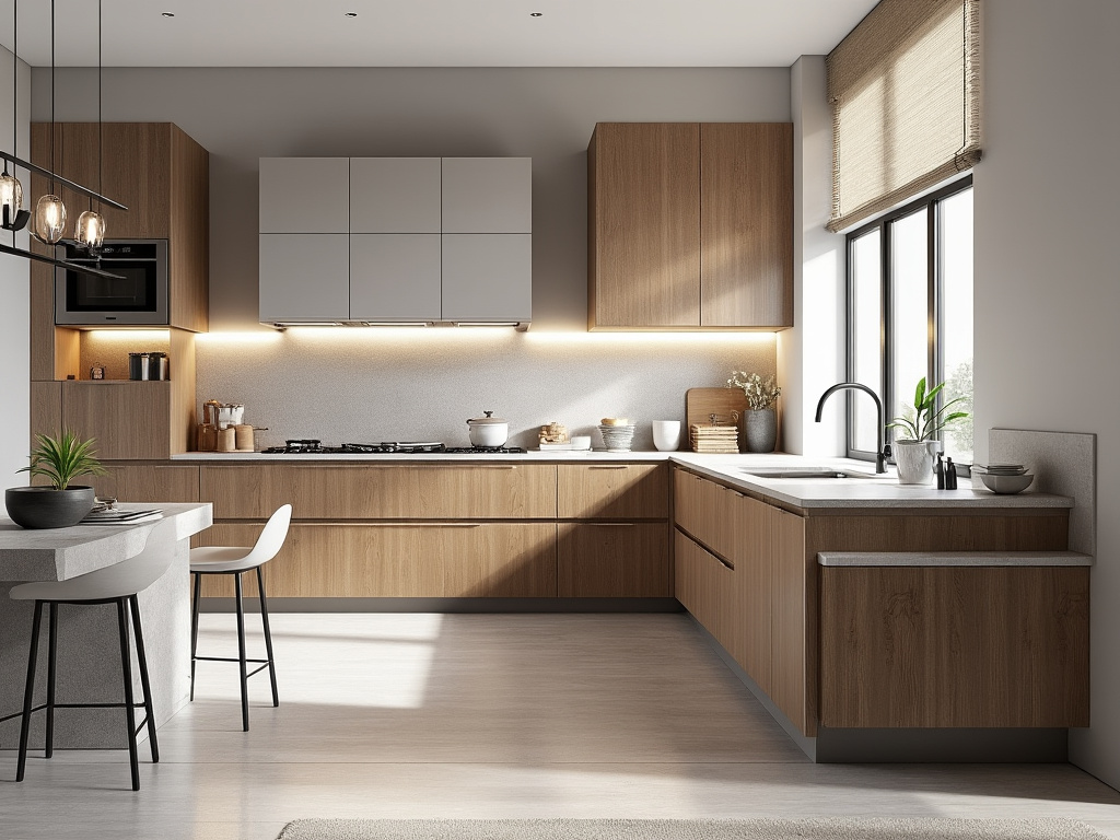 Cocina moderna y luminosa con gabinetes de madera, encimeras grises y electrodomésticos integrados, decorada con plantas y ventana amplia.