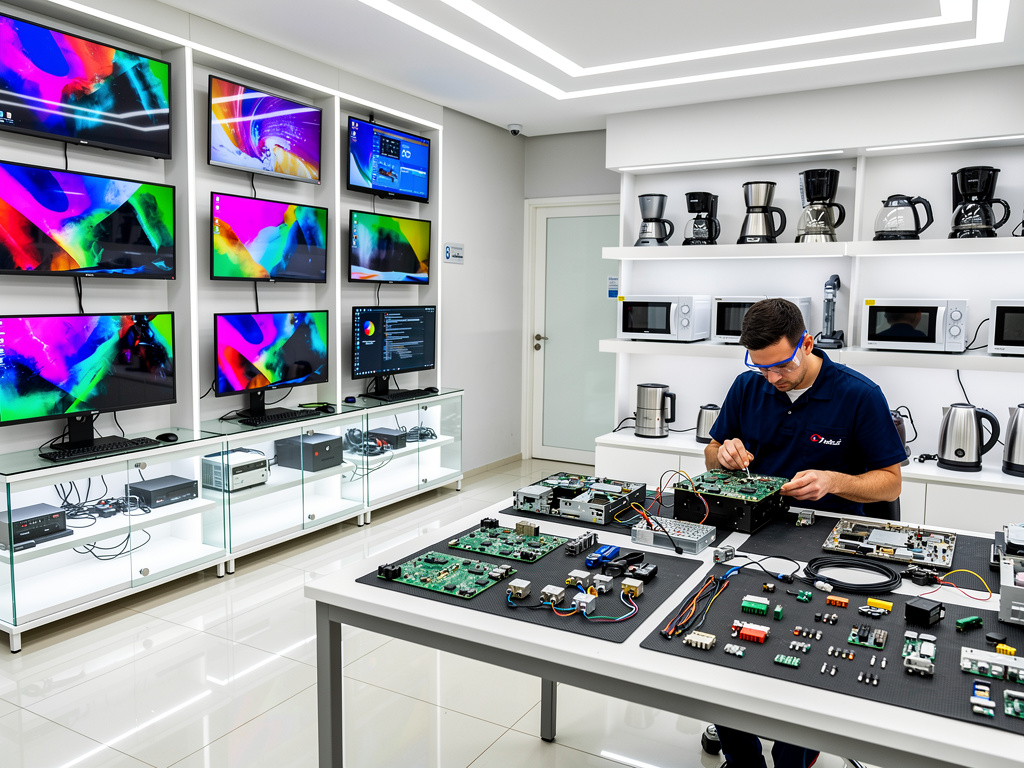 Técnico reparando placas electrónicas en laboratorio de servicio técnico con televisores, monitores y electrodomésticos en exhibición
