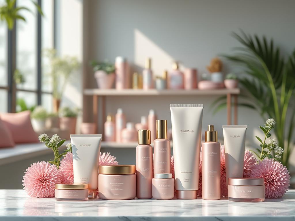 Varios productos de cuidado personal en envases rosados sobre una mesa con flores, iluminados por luz natural.