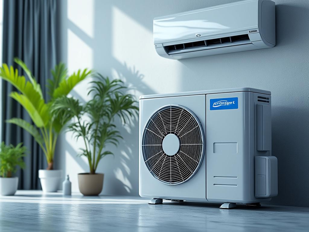 Unidad de aire acondicionado moderna en una sala contemporánea con plantas decorativas. Unidad de aire acondicionado moderna en una sala contemporánea con plantas decorativas.