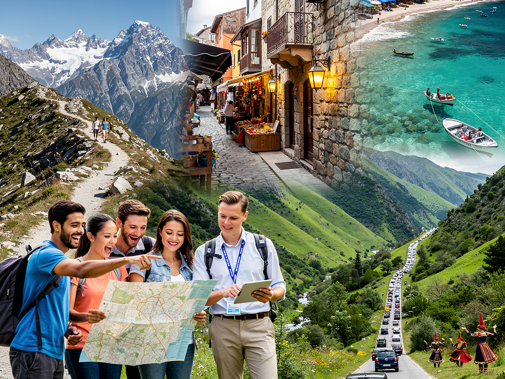 Collage de turismo con viajeros, guía, montañas nevadas, pueblo histórico, playa turquesa y valle verde con carretera panorámica