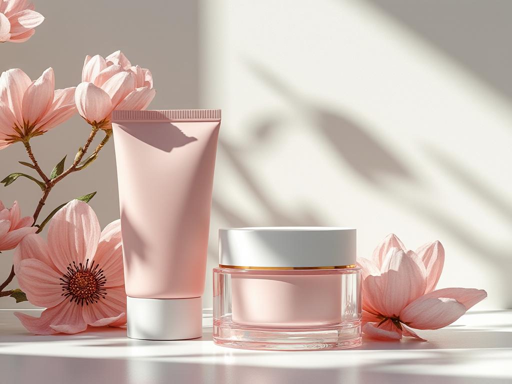 Envases de cosméticos rosados junto a flores con luz natural.