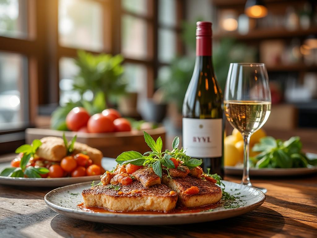 Plato de comida gourmet con pescado y verduras en salsa, acompañado de una botella de vino y copa de vino blanco en un ambiente de restaurante elegante.