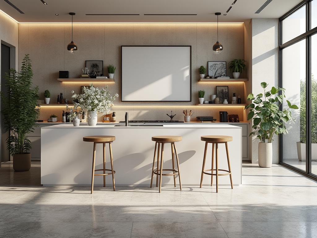 Modern kitchen interior with large windows, central island with stools, potted plants, and decorative shelves under ambient lighting. Modern kitchen interior with large windows, central island with stools, potted plants, and decorative shelves under ambient lighting.