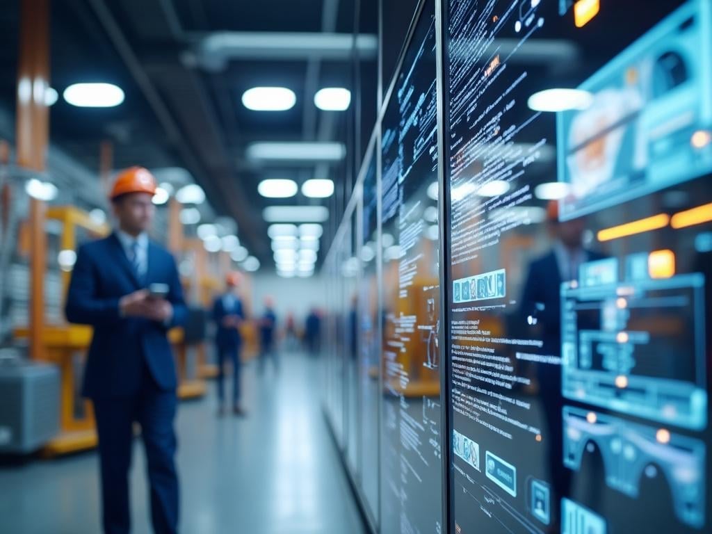 Engineer in a suit and hard hat walking through a modern industrial facility with digital screens displaying data.