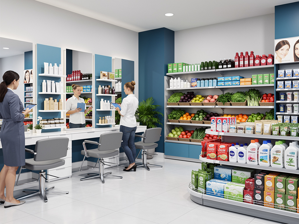 Interior de tienda de belleza y productos saludables con estanterías de cosméticos, alimentos frescos y clientes en zona de asesoría Interior de tienda de belleza y productos saludables con estanterías de cosméticos, alimentos frescos y clientes en zona de asesoría