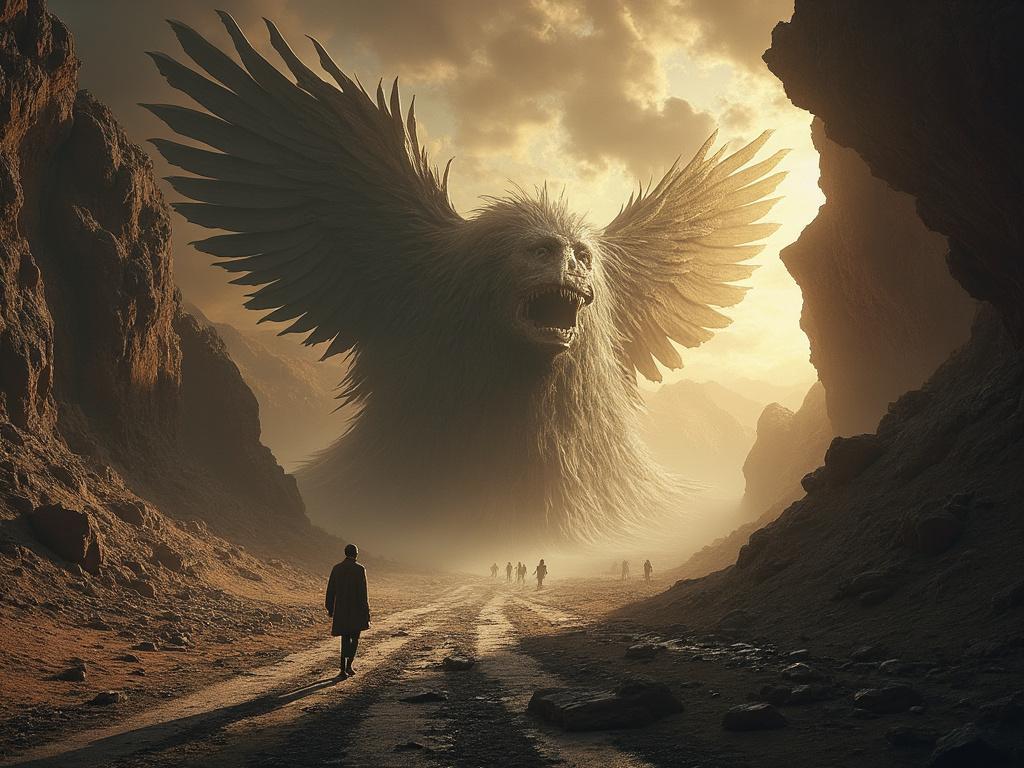 A giant winged creature with a fierce face hovering in a rocky canyon as small human figures walk below, illuminated by a dramatic sky.