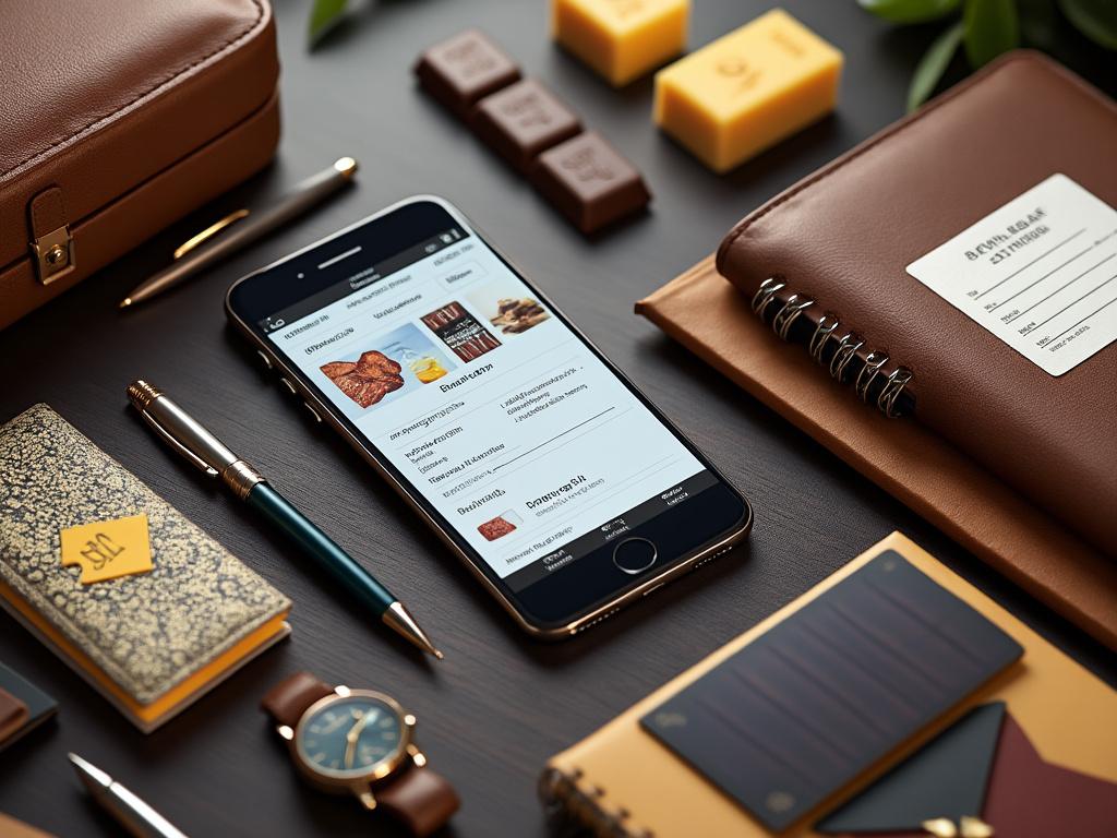 Smartphone displaying online shopping app on a desk surrounded by a leather notebook, fountain pen, chocolate, watch, and planner. Smartphone displaying online shopping app on a desk surrounded by a leather notebook, fountain pen, chocolate, watch, and planner.
