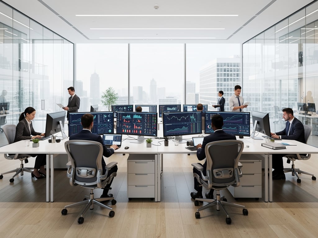 Modern financial trading office with professionals monitoring stock market analytics on multiple computer screens