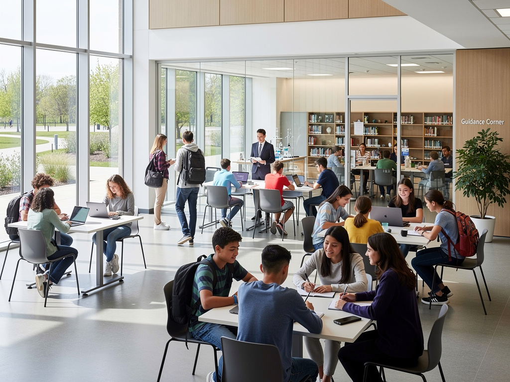 Estudiantes colaborando con laptops en biblioteca universitaria moderna con grandes ventanales y rincón de orientación