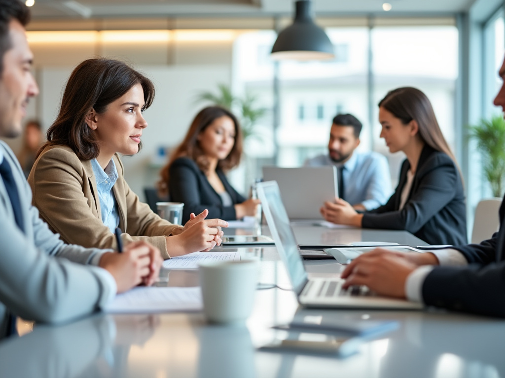 Personas en una reunión de negocios en una oficina moderna, trabajando con computadoras portátiles y documentos.