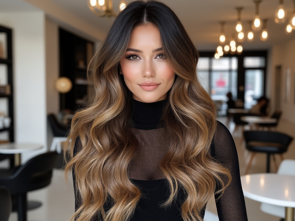 Woman with long wavy brunette balayage hair wearing a black top in a modern salon interior