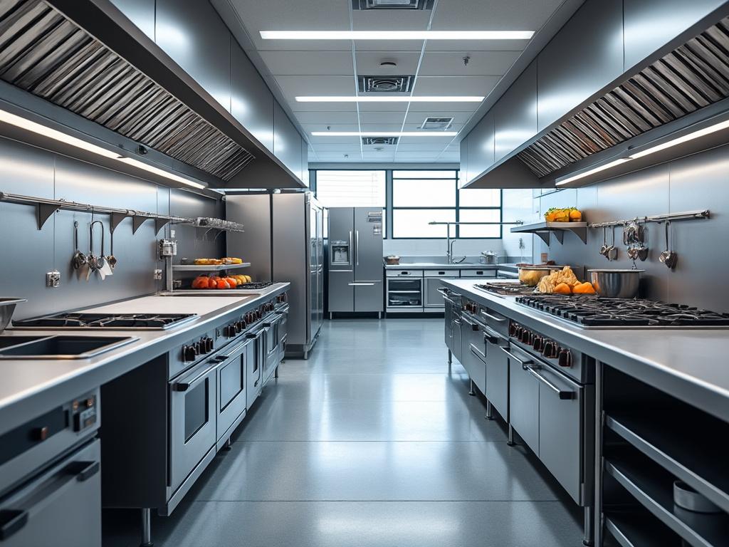 Cocina industrial moderna con electrodomésticos de acero inoxidable y superficies limpias, iluminada por luz natural.