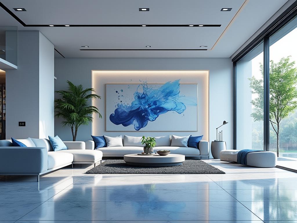 Sala de estar moderna con sofá blanco, arte de pared azul, lámpara de pie y abundante luz natural.