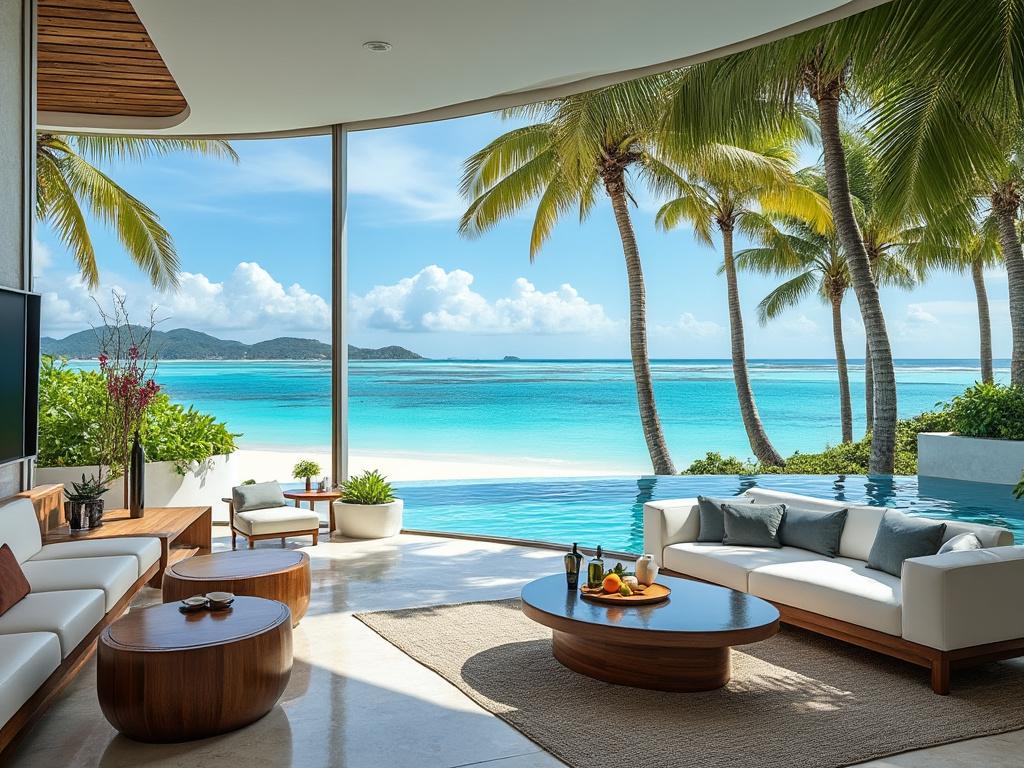 Sala de estar moderna con muebles de madera vista al mar azul turquesa y palmeras tropicales.