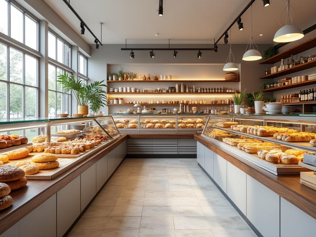 Panadería moderna con vitrinas llenas de panes y repostería, iluminación cálida y estanterías decoradas.