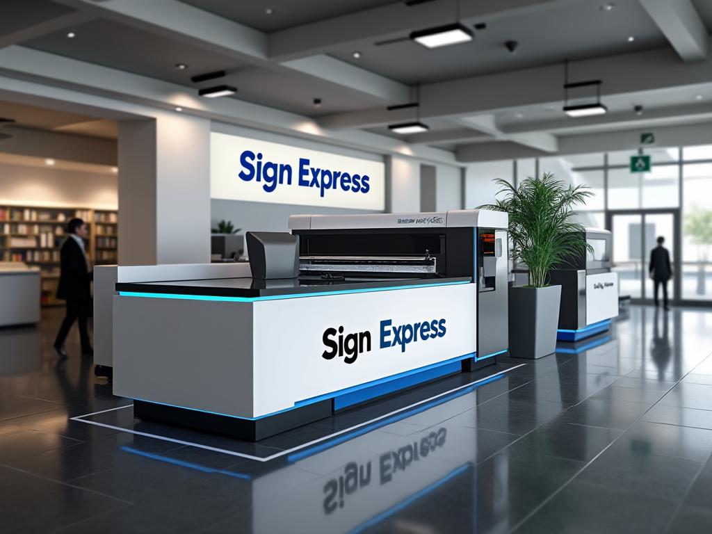 Impresora de gran formato en tienda Sign Express moderna, con muebles y plantas decorativas en el interior.
