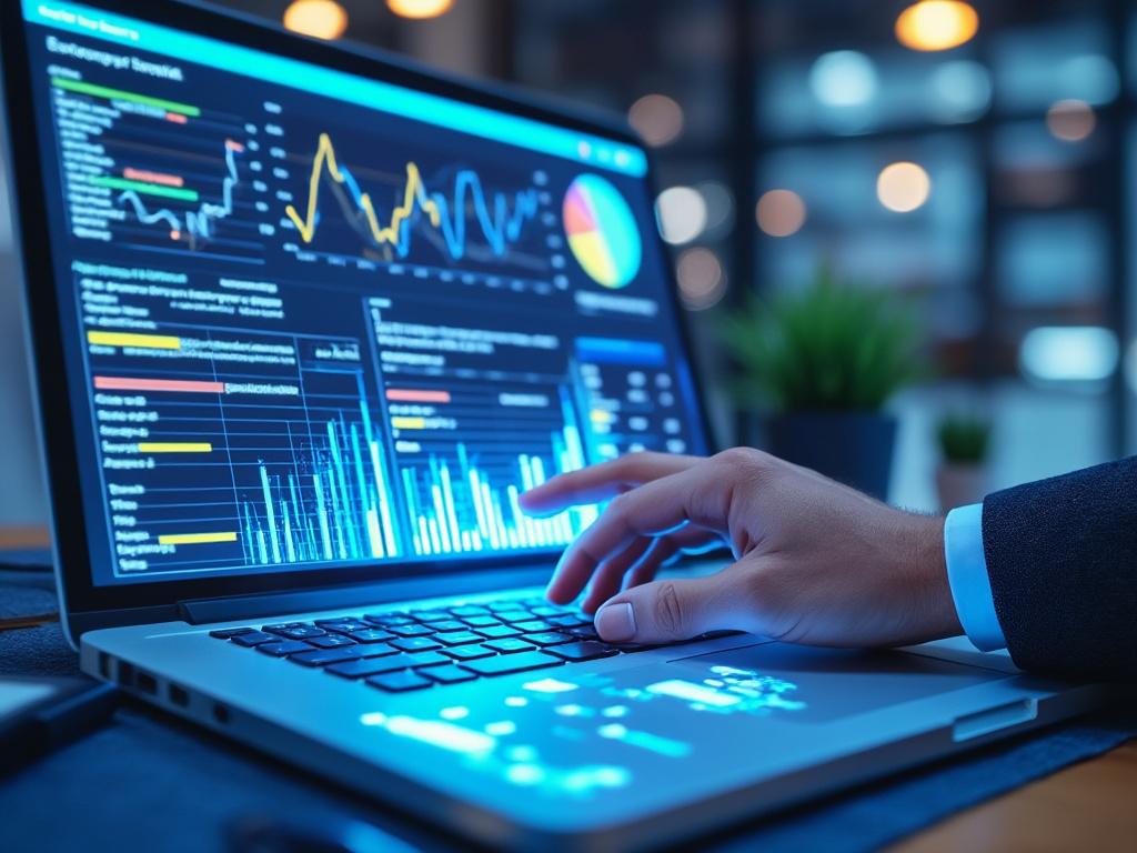 Mano de una persona interactuando con un ordenador portátil que muestra gráficos de datos y análisis financieros en una oficina moderna.