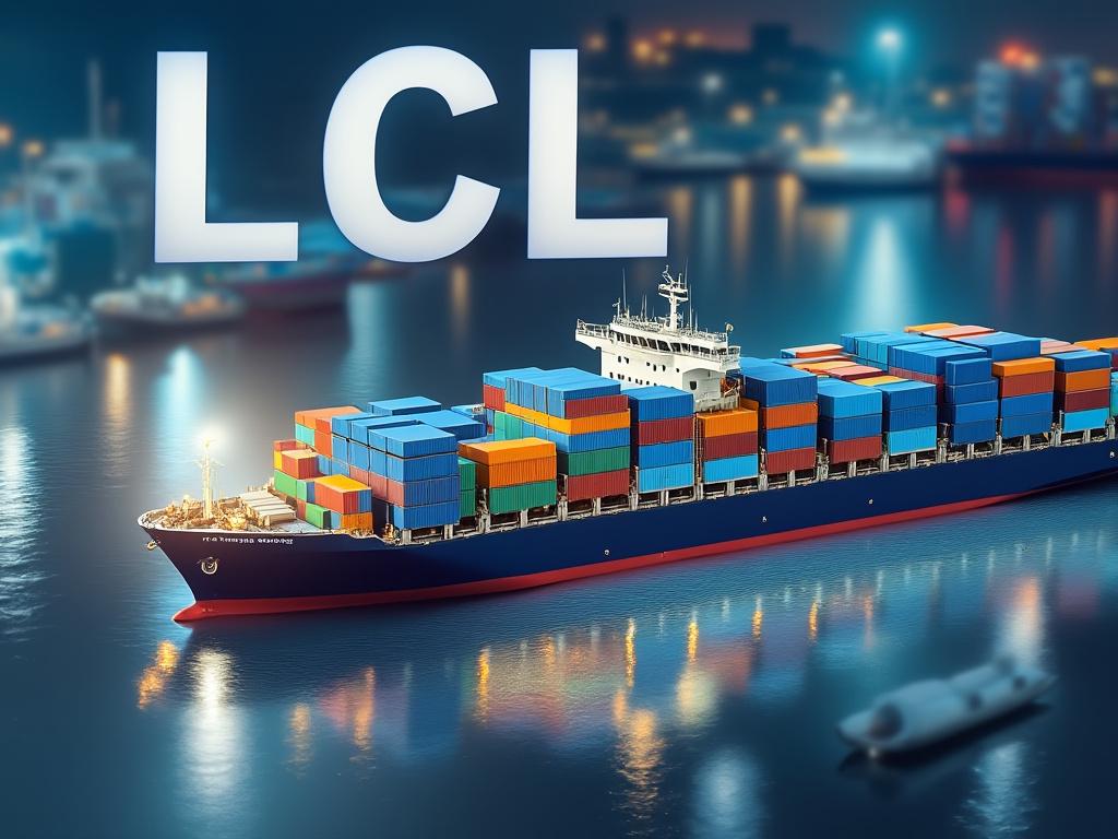 Barco de carga con contenedores de colores en el mar iluminado de noche, texto 'LCL' en el fondo.
