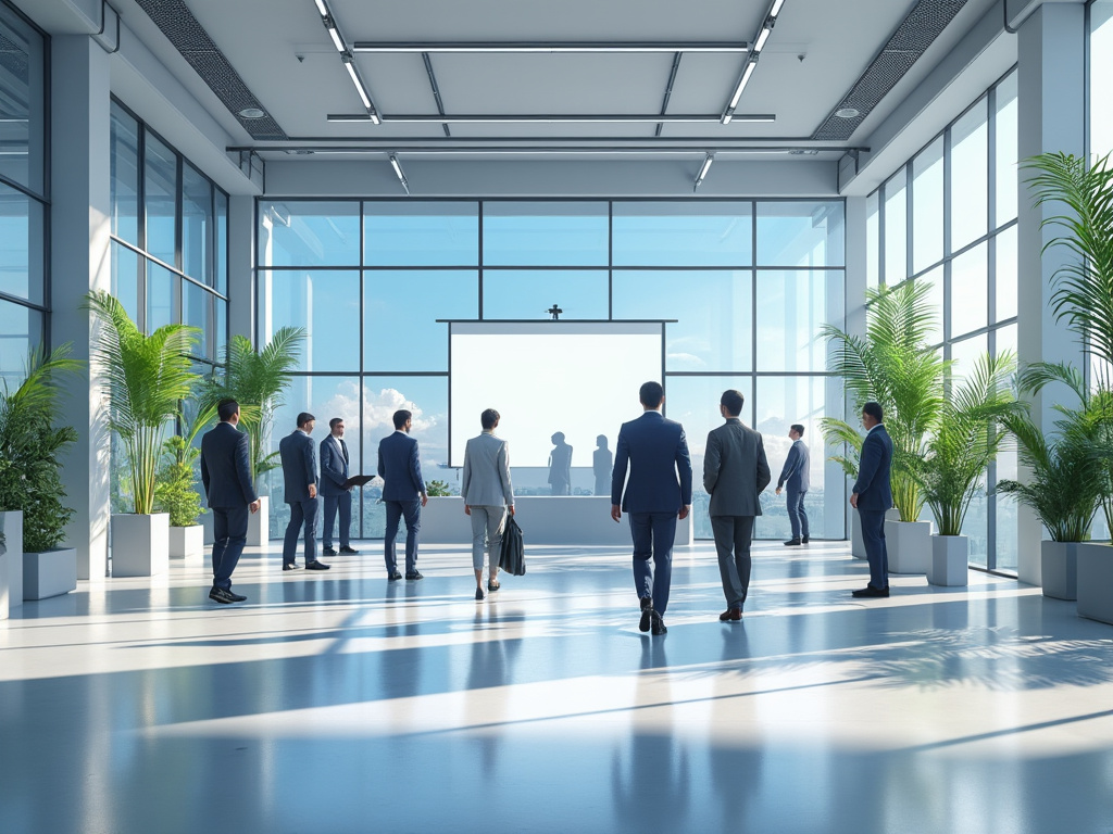 Grupo de personas en traje de negocios en una sala de conferencias moderna con plantas y luces naturales.