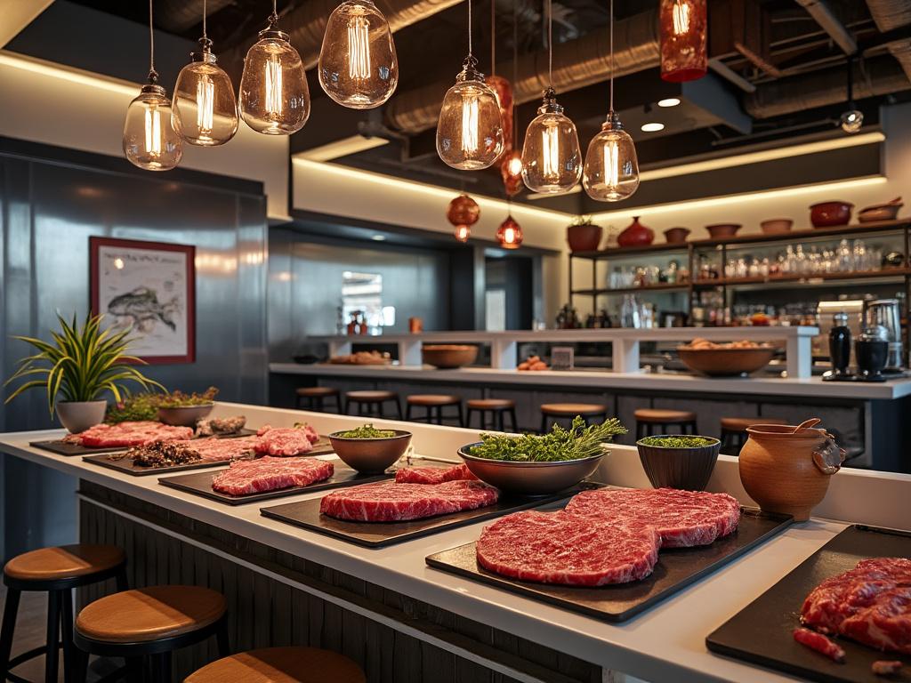 Interior de restaurante moderno con carnes crudas expuestas en bandejas, decoración industrial y lámparas colgantes.