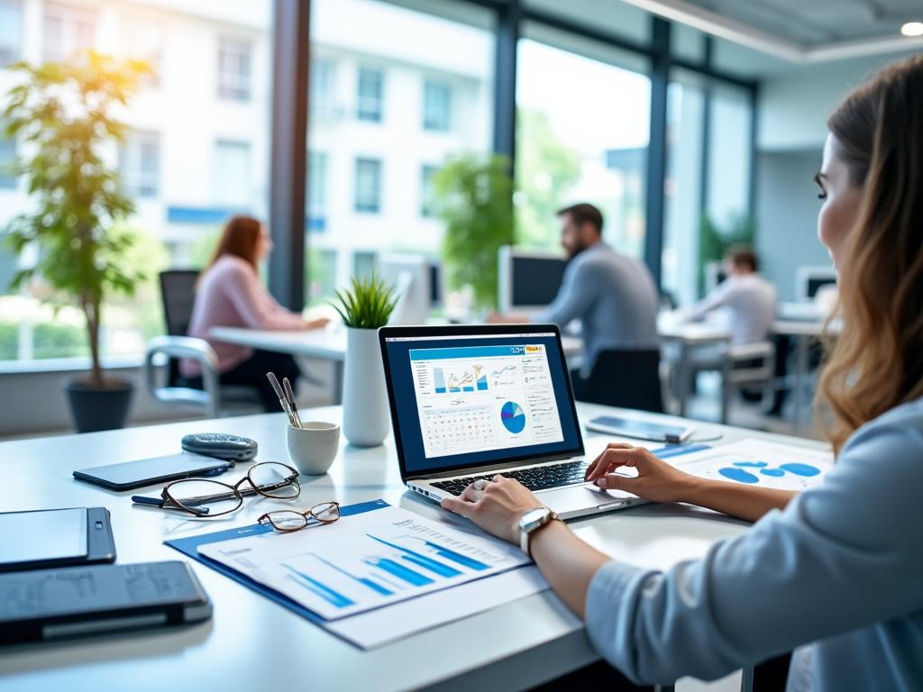 Mujer trabajando con gráficos en una laptop en una oficina moderna con plantas y compañeros de fondo.