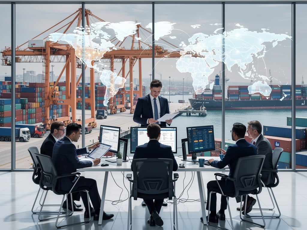 Equipo de logística internacional en sala de control portuaria con mapa mundial digital, contenedores y grúas de carga