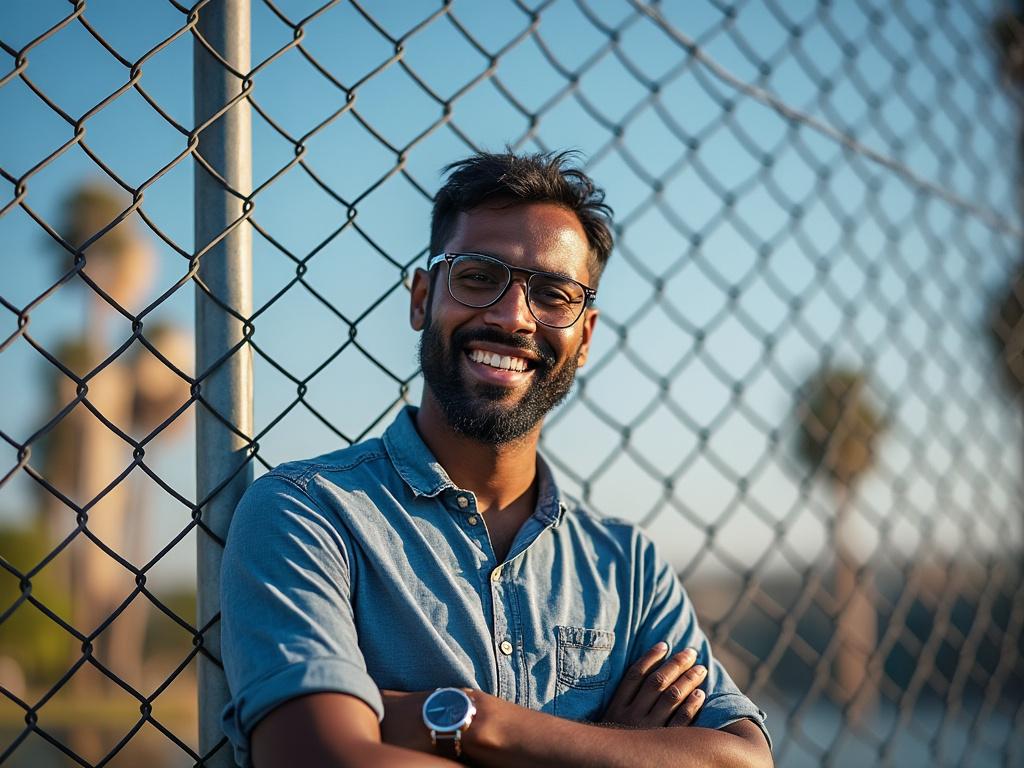 Hombre con camisa azul y gafas sonriendo, de pie frente a una cerca de malla a la luz del sol.