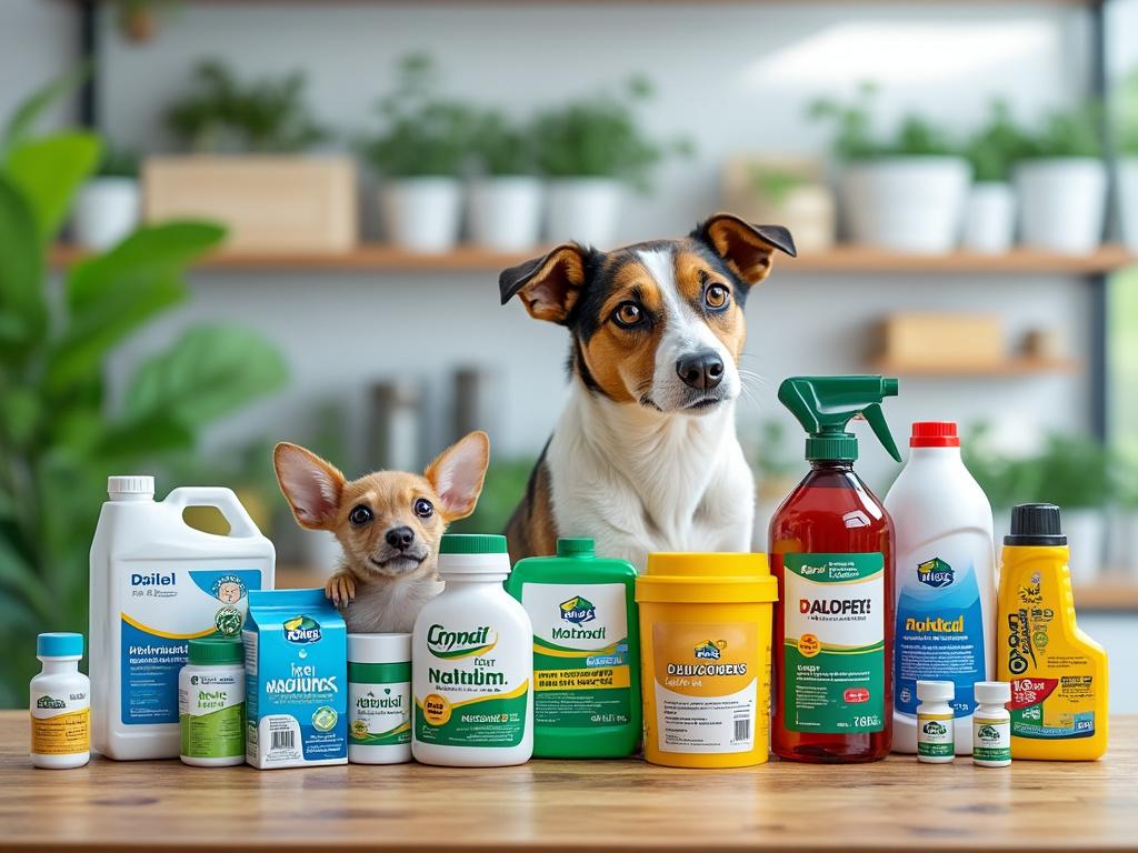 Dos perros detrás de una variedad de productos para el cuidado de mascotas, con plantas en un estante al fondo.