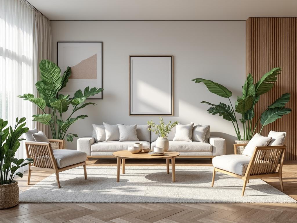Sala de estar moderna con sofá blanco, sillas de madera, plantas grandes, cuadros en la pared y luz natural Sala de estar moderna con sofá blanco, sillas de madera, plantas grandes, cuadros en la pared y luz natural