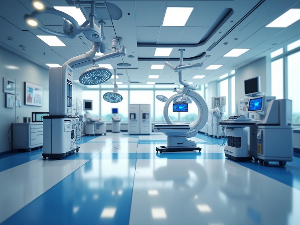 Modern hospital operating room with advanced medical equipment and clean blue and white floor.