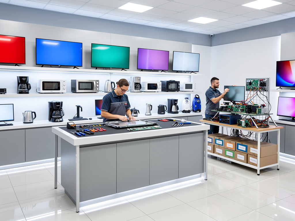 Técnicos reparando televisores y electrodomésticos en laboratorio moderno de servicio electrónico