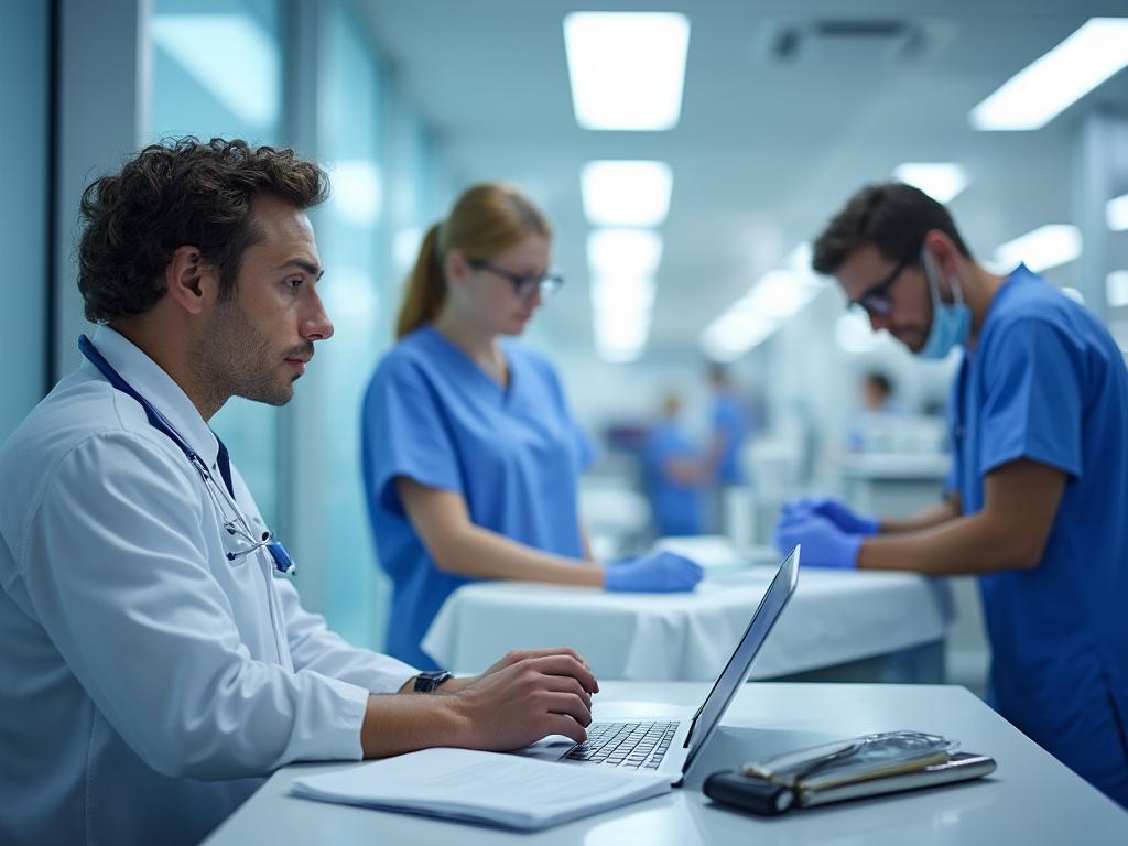Médico trabajando en un ordenador portátil en un hospital, mientras otros dos profesionales de la salud consultan documentos en una mesa cercana.