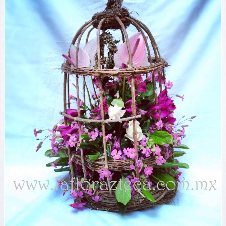 MD - 123  $780
Bella jaula artesanal acompañada de astromelia,anturios y follaje fino