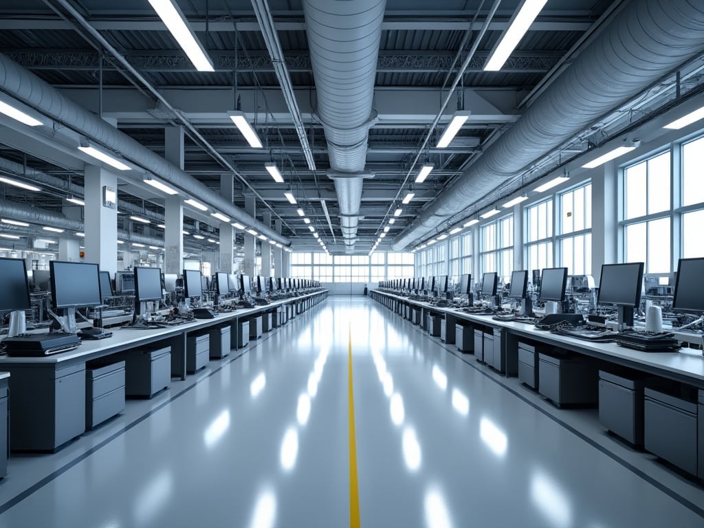 Spacious modern office with rows of workstations and computers under fluorescent lighting, featuring a polished floor and industrial ceiling design.
