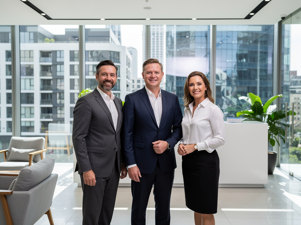 Tres profesionales de negocios sonriendo en una oficina moderna con grandes ventanales y vista urbana