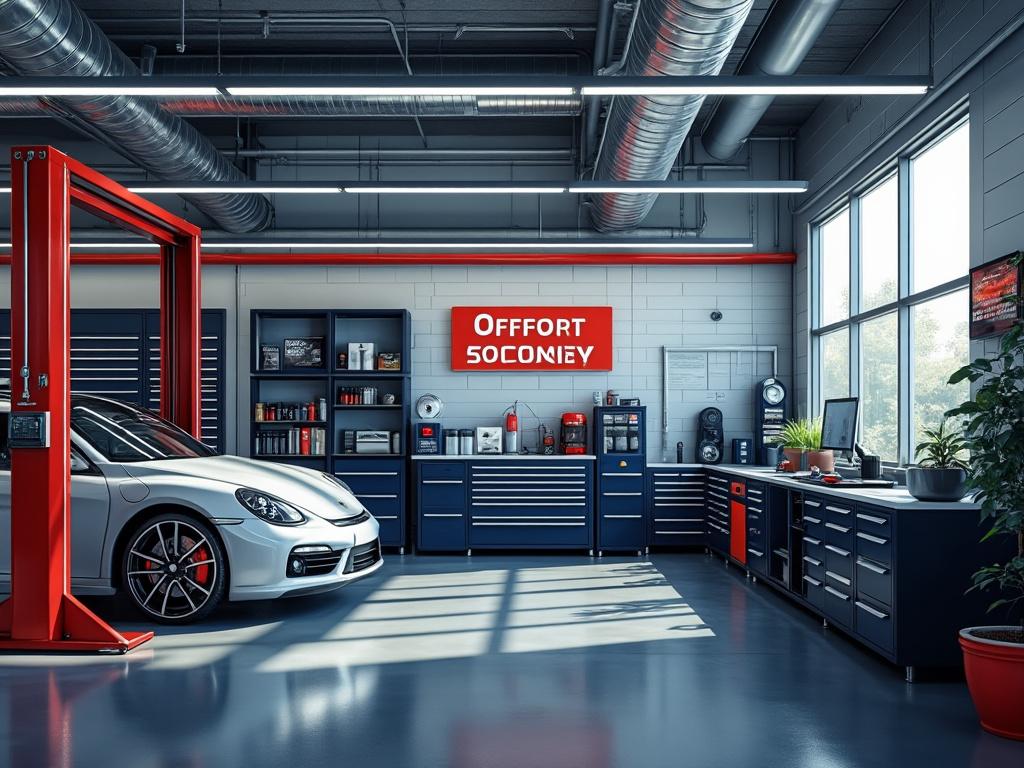 Taller mecánico moderno con coche deportivo blanco, herramientas organizadas y gran ventana con luz natural.