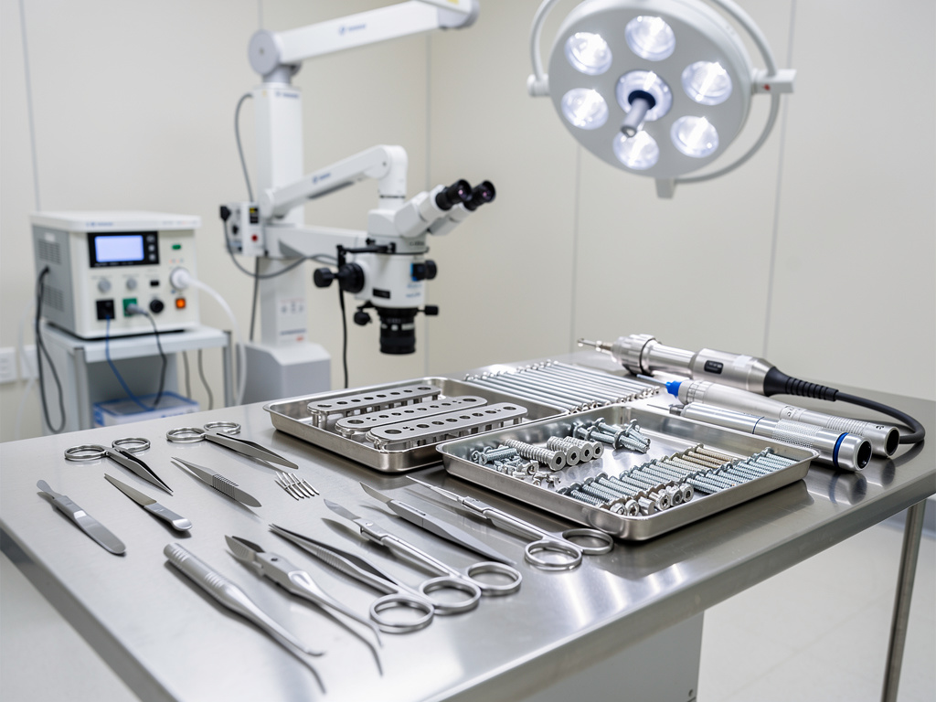 Instrumental quirúrgico estéril, implantes y microscopio en quirófano moderno Instrumental quirúrgico estéril, implantes y microscopio en quirófano moderno