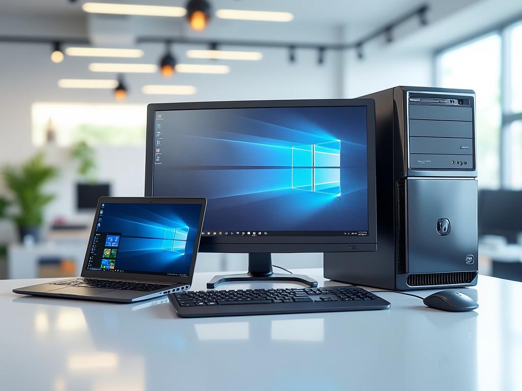 Computadora de escritorio y portátil en una oficina moderna con teclado y ratón.