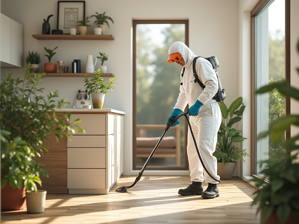 Persona con traje protector realizando fumigación en una cocina moderna con plantas y luz natural.