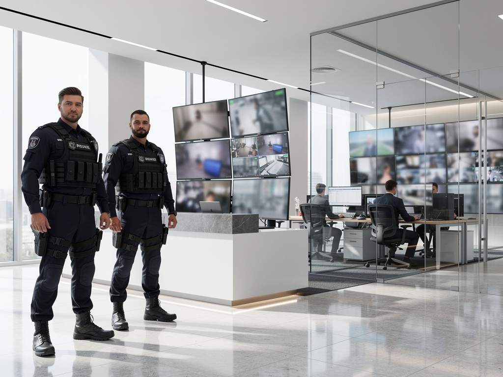 Guardias de seguridad en centro de vigilancia moderno con cámaras CCTV y sala de monitoreo