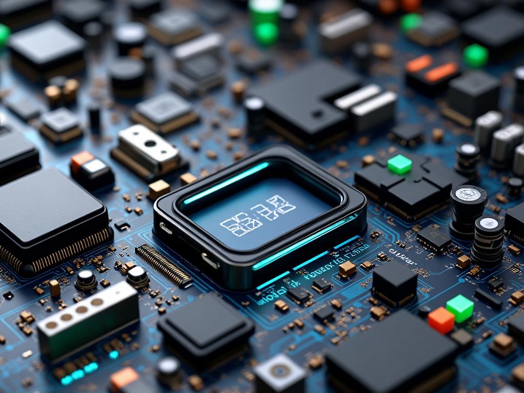 Placa de circuito impreso con componentes electrónicos y pantalla digital encendida.