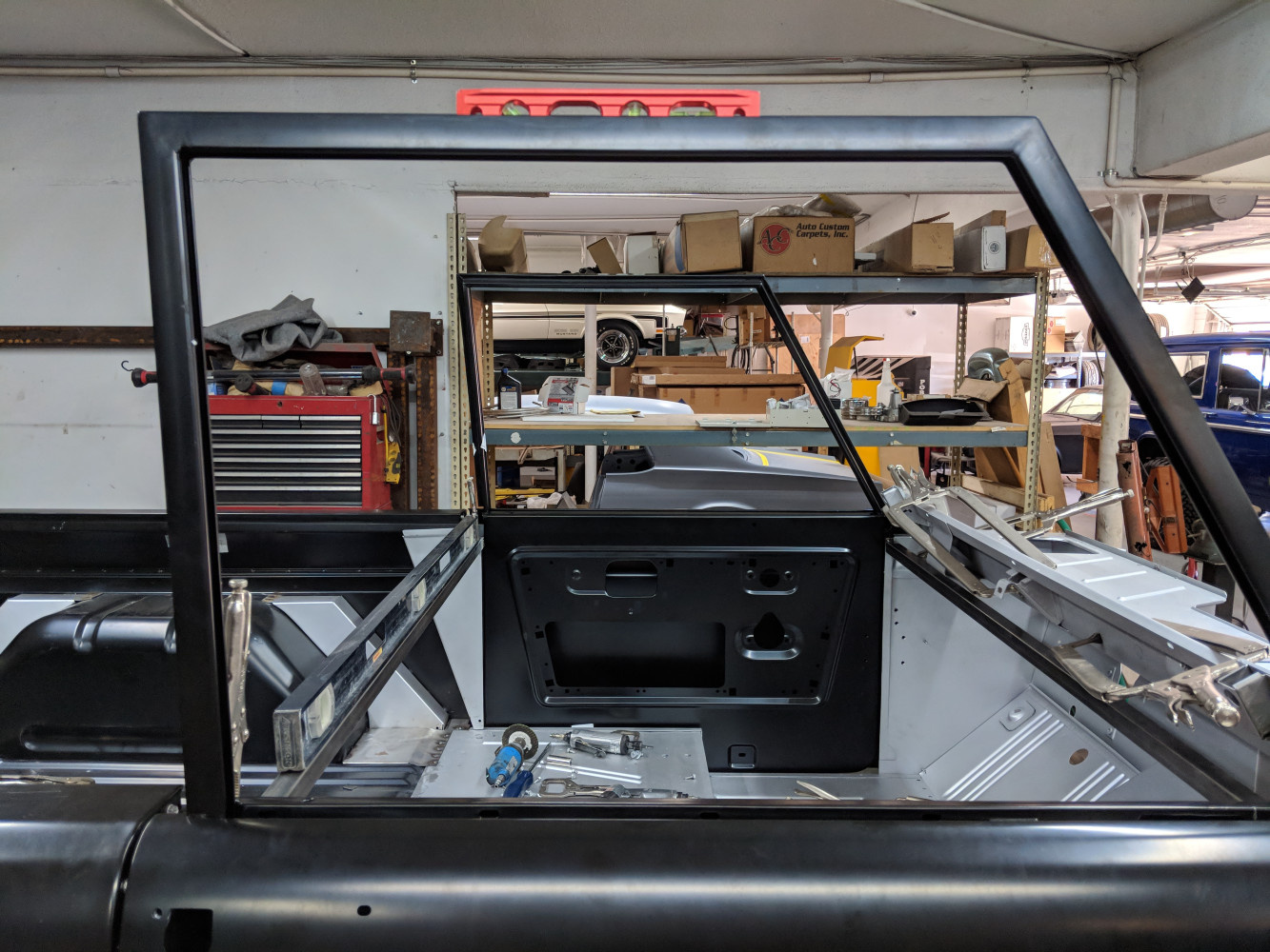 Level on door window frame 