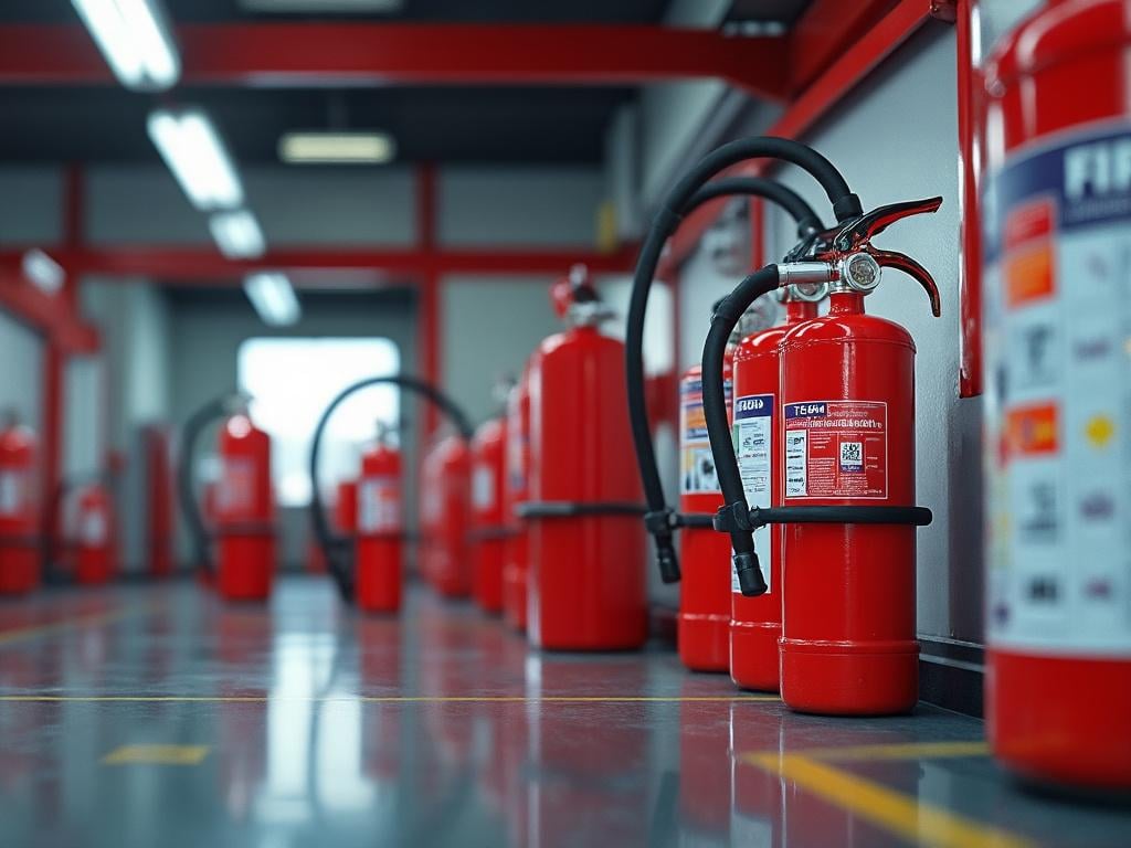 Extintores rojos alineados en un pasillo con piso brillante y paredes blancas.