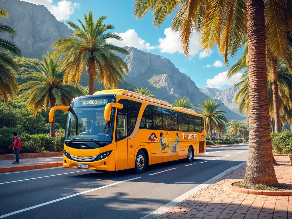 Autobús amarillo circulando por carretera bordeada de palmeras con montañas al fondo en un día soleado.