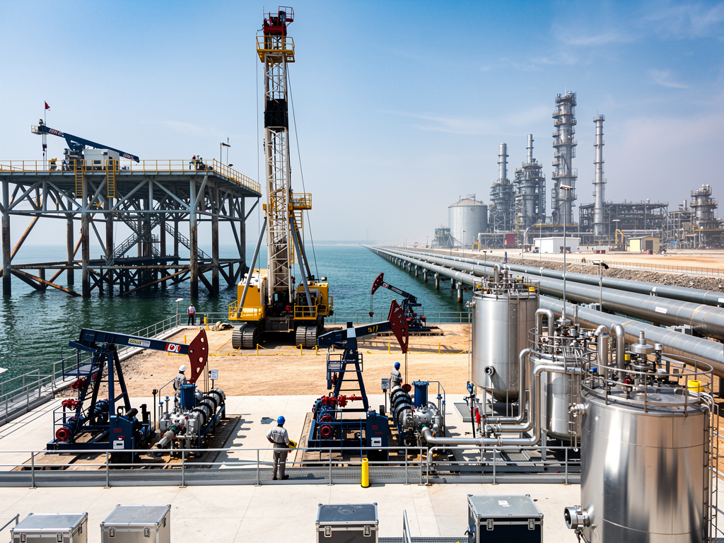 Plataforma petrolera offshore con bombas de extracción, grúa y refinería industrial junto al mar bajo cielo despejado